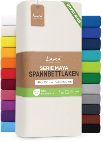 Lavea® Sábana Bajera Ajustable 135x190/200-150x190/200 cm – para Cama 150, Colchones Altos hasta 35 cm, para Camas Boxspring y de Agua, 100% Algodón, con Elástico, Crema
