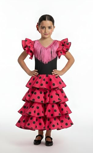 AMARU SANCHESU Vestido de niña para danza flamenco o sevillanas (FR/ES, Edad, 6 años, Regular, Fucsia Topo Negro)