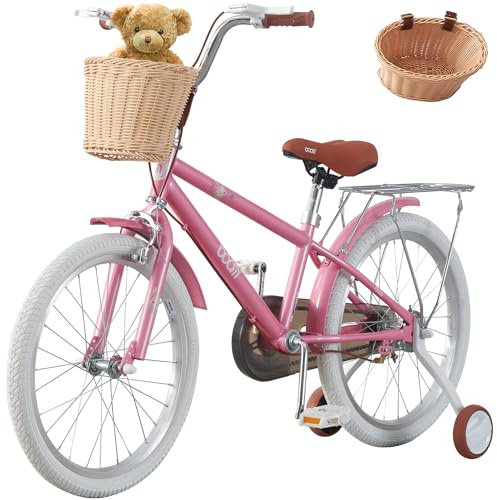 LSLIFE Girls Bike with Basket for 8-12 Years Old Kids 20 Inch Kids Bicycle Adjustable Seat & Handlebars Pink Girls Bike with Stabilizers Double Brake (20 Inch)