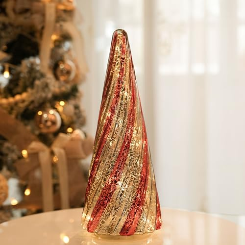 hvfun Weihnachtsbaum aus Quecksilberglas mit Lichtern, 6-Stunden-Timer, batteriebetriebene Weihnachtsdekoration, für Festliche Atmosphäre und als Geschenk, Rot