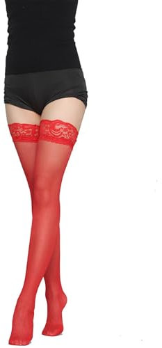 Halterlose Strümpfe Damen Sexy,10 Den Oberschenkel Mit Spitze,Halterlos Stockings Nylon,Formgebung Rutschfest,für Frauen Frau (DE/NL/SE/PL, Alphanumerisch, Einheitsgröße, Regular, Regular, Rot)