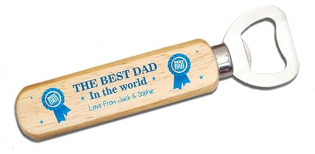 Handmade Personalised Wooden Bottle Opener – The Best Dad in The World – Custom Printed with Message from Children – Rustic Wood Handle & Stainless Steel – Perfect Father’s Day - Gift for Dad