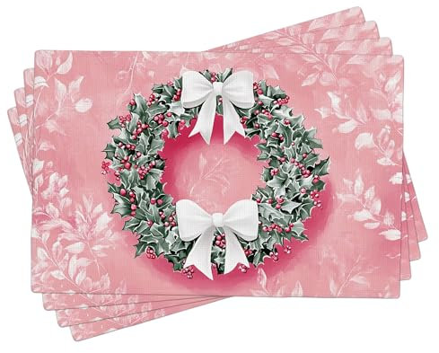 Weihnachtliche Stechpalmen-Kranz-Tischsets, 4er-Set, pfirsichfarben, saisonale botanische Tischsets für den Winterurlaub, Esstisch, waschbar, für drinnen und draußen, festliche Stoff-Tischsets, 45,7 x