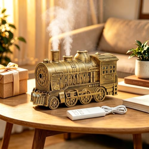 Steam Train Humidifier & Aroma Diffuser with Remote, 300ml Essential Oil Diffuser Auto Shut-Off, for Bedroom, Office, Home & Christmas Gifts (Copper Bronze)
