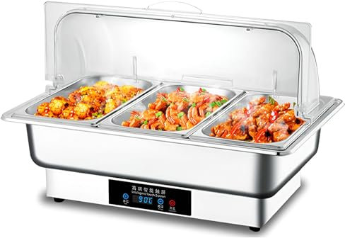 QUTBAG Réchaud électrique, Chauffe-Buffet en Acier Inoxydable 600 W avec Couvercle Rabattable Transparent, température réglable de 35 à 90 °C, pour cafétéria, réunions de Famille, Mariages
