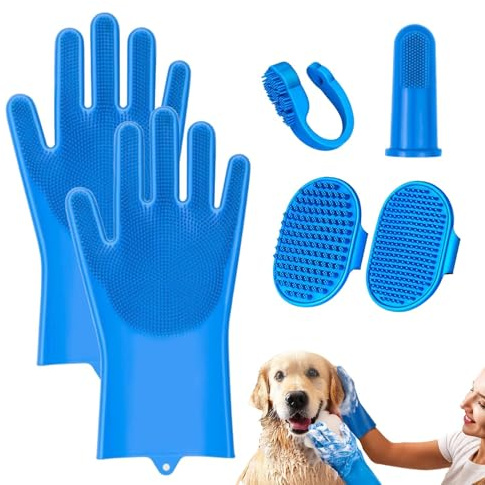 6-teiliges Haustier-Pflegeset, Silikon-Badebürste + Waschhandschuhe + Zahnbürstenfinger zum Baden von Hunden und Katzen, Hunde- und Katzen-Pflegeset, Badezubehör
