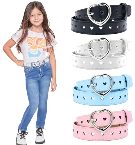 KASURE Girls Belt (4 Pack), 4 Colors of Cute Heart Shape Belts, Adjustable PU Leather Kids Belt With Alloy Buckles, 90CM for Jeans, Dresses, Parties & School - 4 Colors: Black, White, Blue, Pink