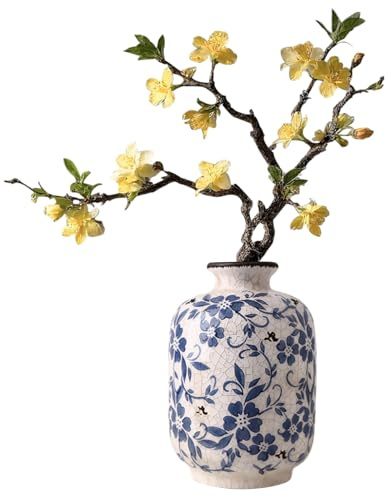 Blau und Weiß Porzellan Vase, Blumenvase Keramik Vintage, Kleine Vasen Deko Rustikal Handgefertigt Asiatische Vasen mit Antike Eisriss-Glasur für Heimdekoration 12.5 x 18.5 cm (S)
