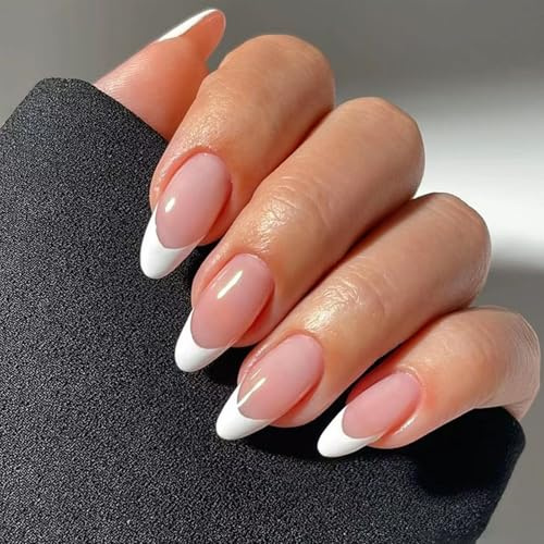 French Tip Nails - Almond False Nails Medium Length - White French Tip False Nails - Pink Fake Nails With Glue - Glossy french Glue On Nail - Full Cover Acrylic Stick On Nail For Women