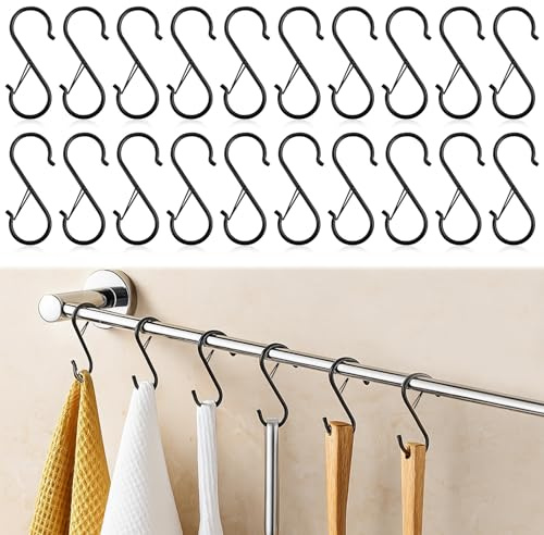AHRLIC 20 Pack Heavy Duty Metal S Hooks with Safety Buckle, 9.5cm Large Hanging Hooks for Kitchen Utensils, Plants, Closet Rod, Bathroom, Outdoor Lights, Tools, Garden, Home Storage, Black