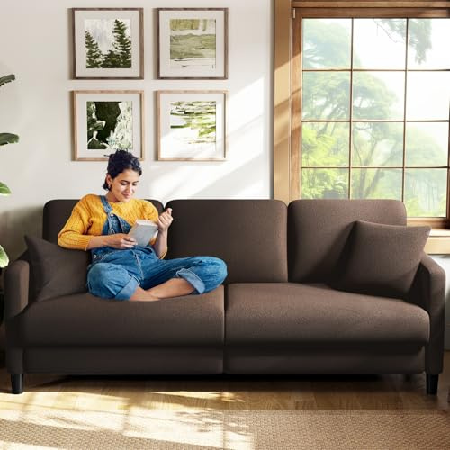 Welzona 3 Seater Sofas, 211CM Sofa 3 Seater, Teddy Fleece Loveseat Couch with 53cm Deep Seat, Tool-Free Setup Couches for Living Room, Modern Couch 385kg Capacity, 2 Pillow Included, Brown Sofa