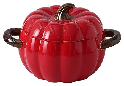 HAJHI Cerámica Cazuela Barro Calabaza Dutch Oven con Tapa Fideos Instantáneos Cuenco Microondas Cocotte Asas Dobles para Residencias(Red)