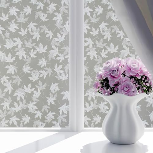 Aartner Frosted Window Film,privacy film for glass sun blocker heat reflector tint,patterned stained glass security,self adhesive vinyl blackout for bathroom kitchen (White Maple Leaf)