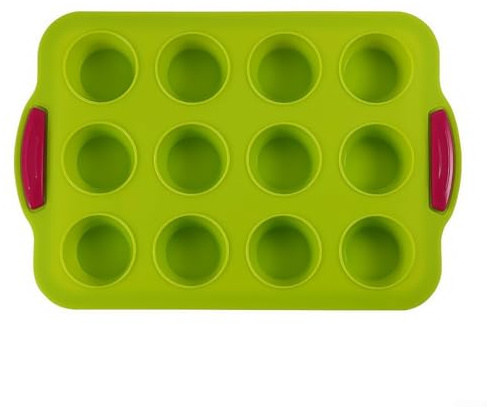 Teglia antiaderente per muffin con 12 cavità, in silicone, con manico, per cuocere vari dolcetti, tra cui biscotti e alimenti per bambini (verde)
