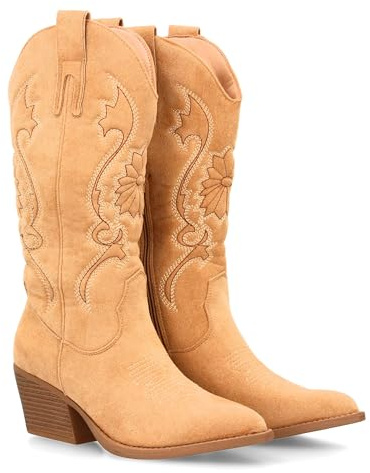 96137 Bota Cowboy de Cana Alta con Bordados para Mujer. Tacon Medio y Punta Fina, Estampado Liso. Estilo campero y Cierre de Cremallera, Ideales para Temporada Otono Invierno. Beige Talla 36