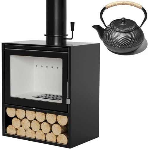 Chimenea de leña de Hierro Fundido con Tetera 900ml, Estufa de Leña 92% Eficiencia, Plato para Cocinar, Cristal Amplio, Cenicero, Incluye Caldera para Calefacción