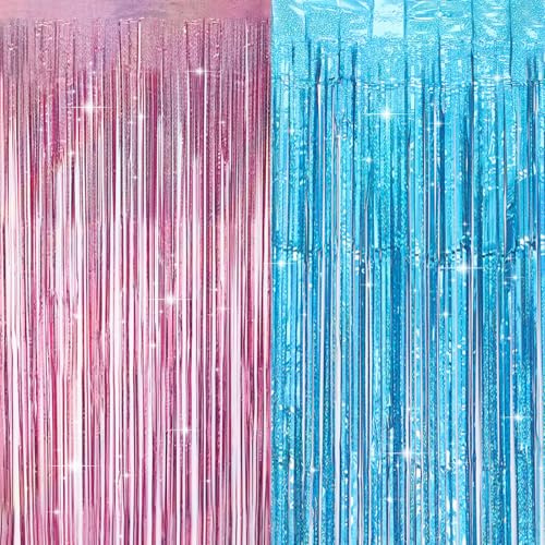 4 Stück Gender Reveal Party Deko Lametta Vorhang Rosa Blau, 2 Farben Glitzervorhang Lametta Hintergrund Glitzer Vorhang für Baby Shower, 1x2m Lamettavorhang Fransenvorhang für Geschlechtsenthüllung