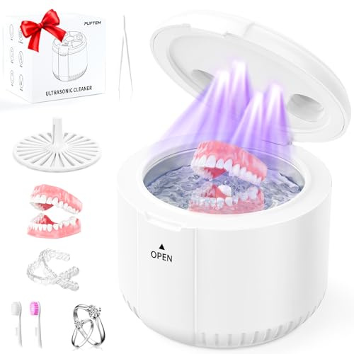 Máquina limpiadora ultrasónica de retención de 45 kHz, cápsula de limpieza dental de 200 ml para dentaduras postizas, alineadores, protectores bucales, protectores nocturnos, joyas, cepillo de dientes