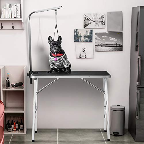90 x 60 x 76 cm Mesa de corte para perros, accesorios de peluquería para perros, tocador con horca, mesa de aseo plegable, mesa de aseo para perros engomada y resistente a los arañazos (negro y blanco