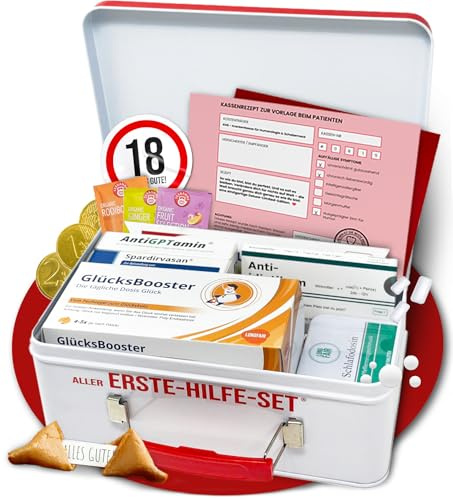 Lustiges Aller-Erste-Hilfe Geschenkset – Humorvolle Geschenkbox zum Geburtstag mit leckerem Gute-Laune Inhalt – Geschenkidee für Freunde & Familie (18. Geburtstag)