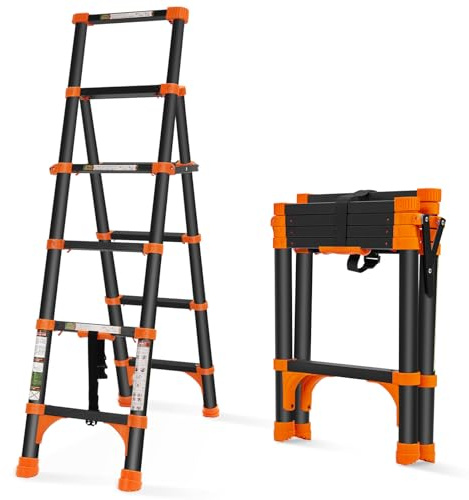 RIKADE A-Frame Telescoping Ladder with 1-Button Retraction, Aluminum Adjustable Extension Ladder, Portable Lightweight Folding Design for Home/RV Use, 330lb Capacity(1.4+1.7M)