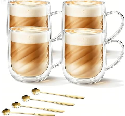 Chingcoo Latte macchiato-glas dubbelväggiga, 350 ml dubbelväggiga kaffeglas med handtag och skedar av borosilikatglas, dubbla väggiga glas för cappuccino, te, espresso, mjölk (4 x 350 ml)