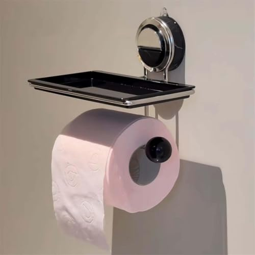 Porta Rotolo di Carta Igienica in Acciaio Inossidabile, con Ventosa, Senza Foratura, con Ripiano, Nero