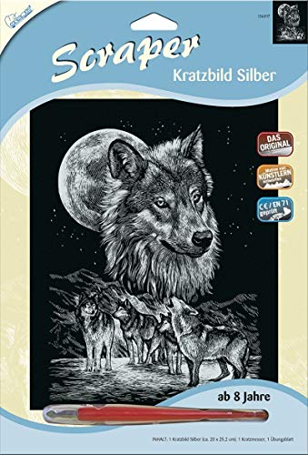 Mammut 136017 - Kratzbild Motiv Wölfe, silber, glänzend, Komplettset mit Kratzmesser und Übungsblatt, Scraper, Scratch, Kritzel, Kratzset für Kinder ab 8 Jahre