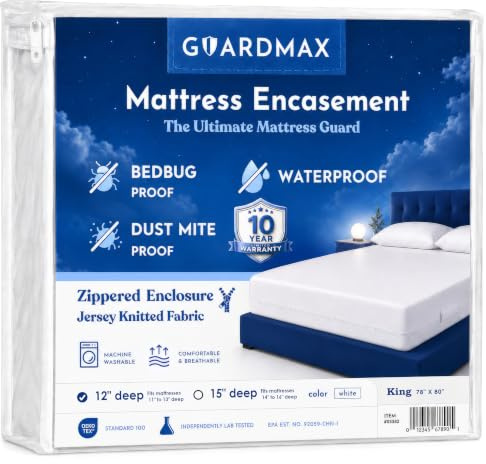 Guardmax sänglöss madrassskydd med dragkedja | 100% vattentätt hölje | mjukt, allergivänligt och andningsbart | King Size (78 x 80 x 11)