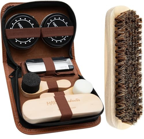 Deluxe Shoe Polish Kit - Portable 7pc Shoe Shine Kit with Genuine Horsehair Brush, Black Shoe Polish, and Clear Shoe Polish - Suede Shoe Cleaning Kit for Sneakers, Leather Shoes, and Boots