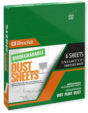 Brackit 6-Pack Biodegradable Large Plastic Dust Sheets for Decorating - 2.7m x 3.6m (12ftx 9ft) - 20 Micron - Embossed White Sheets for Painting - Waterproof Plastic Sheets for Painting & Covering