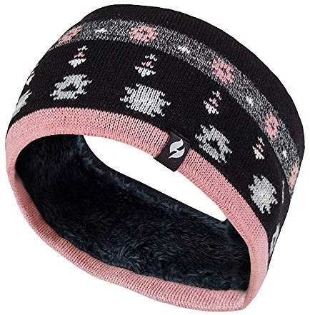 Heat Holders - Ladies Thick Cable Knitted Fleece Lined Thermal Winter Empty Skull Ear Warmer Headband (One Size, Jaquard Black Coral)