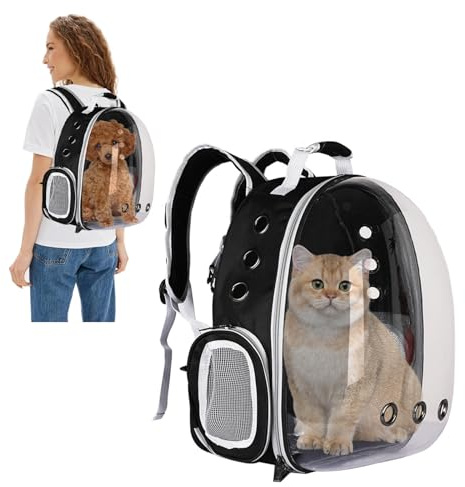 PETCUTE Kattryggsäck, expandbar bärryggsäck för kattkapsel, transparent bubbelbärare med 9 ventilationshål, för hushusdjur vandring och resor svart