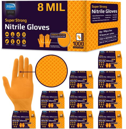Inspire Heavy Duty Orange Nitrile Gloves | ULTRA 8 Mil Diamond Textured Grip | Industrial Mechanic Disposable Cleaning Gloves Extra Large, 1000 Count