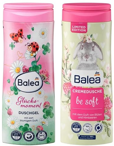 Balea Duschgel Glücksmoment blumiger Duft + Cremedusche Be Soft Himbeere | Wohlfühlmomente-Set 2 x 300 ml (600 ml): milde Rezeptur schützt vor dem Austrocknen, pH-Hautneutral für empfindliche Haut
