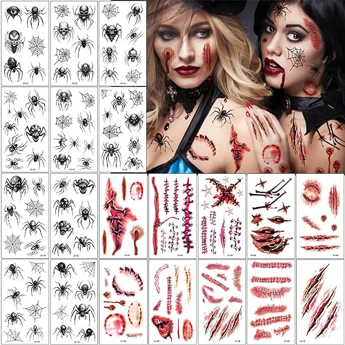 20 Blatt Halloween Tattoo,Schwarz Spinne Tattoo und Narben Wunden Schorf Blut Tattoo,Schaurig Blutige Zombie Vampir Tattoo für Cosplay Karneval Party Dekoration Kinder Erwachsener Makeup