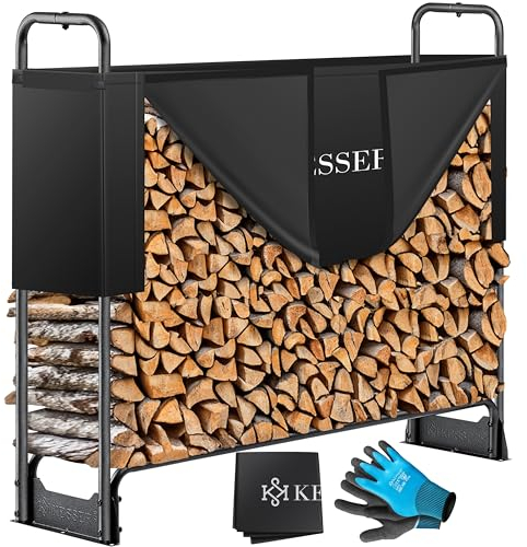 KESSER® Estanteria para leña Estanteria de metal para leña Exterior Estructura de acero + Funda y guantes Estanteria para leña 200kg Impermeable Almacenamiento de leña - 130 x 36 x 117cm