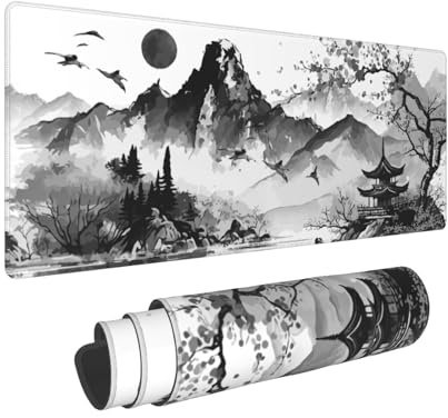 Tapis de souris de jeu noir et blanc à l'aquarelle japonaise en fleurs de cerisier 80 x 30 cm XL Grand tapis de souris pour clavier avec base en caoutchouc antidérapant bords cousus pour la maison et