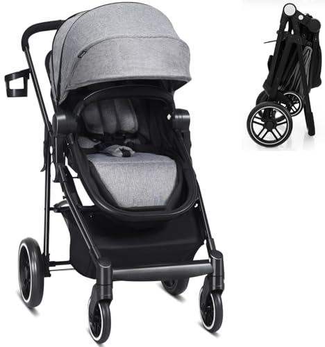 Maxmass Baby Pushchair, Foldable Infant Stroller with Adjustable Backrest & Canopy, Detachable Foot Cover and Storage Bag, Toddler Travel Buggy for 0-3 Years Old (Gray)
