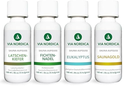 VIA NORDICA Saunaaufguss Set [AtemFrei-Komplex Formel] Saunadüfte & ätherische Öle - Tolles Saunaaufguss Probierset, Saunaöl Saunaduft Sauna-Zubehör Wellness Aufguss Duftöl - Set Bio Durchatmen