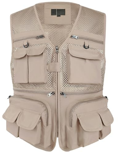 TWENPHYO Versatile Men's Summer Vest for Fishing, Travel, Outdoor Work, Safari and Photography with Multiple Pockets(S,Light Khaki)