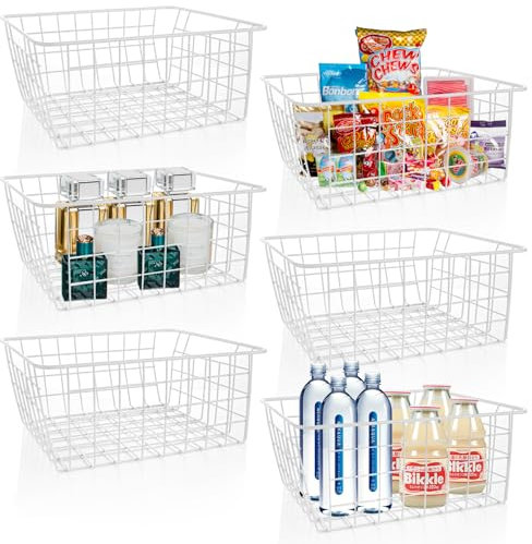 YOUNTHYE 6Pack Wire Baskets, 28x22x11CM White Wire Storage Baskets with Handle, Metal Pantry Storage Freezer Storage Organizer Bins for Shelf, Cabinets, Bathroom, Closets