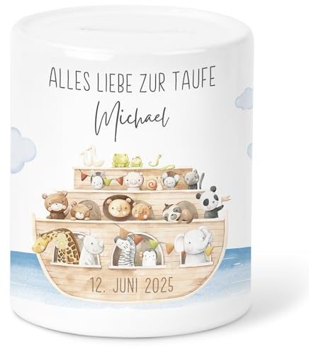 Spardose zur Taufe personalisiert mit Arche Noah als Geldgeschenk | Personalisiert, Sparbüchse mit Namen, Geldgeschenk zur Taufe, für Jungen & Mädchen, Taufgeschenk