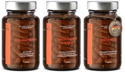 CLAV® Superfood Set, Sibirischer Ginseng, Brokkoli Extrakt & Granatapfel | Für Energie, Mentale Leistung & Vitalität, mit Antioxidantien, Polyphenolen, Ellagsäure, Sulforaphan, im Apothekerglas, Vegan
