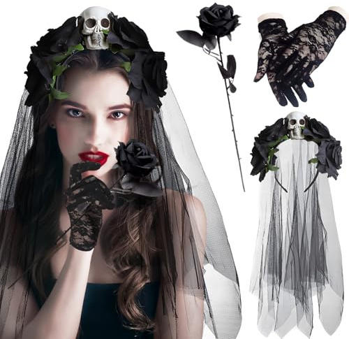 shallyong Schleier Braut, Schwarzer Schleier Halloween, Spitzenhandschuhe Schwarz, Schwarze Rosen, Haarreif Blumen, Mexikanische Blumenkrone,für Cosplay Partys Feste Karneval