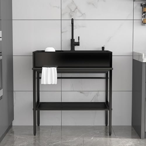 WORDFUN Spuelbecken Edelstahl Schwarz, Freistehende Spültisch Küchenspüle 1 Becken, Küchenorganisation Spüle, Gewerbliche Spülbecken Mit Wasserhahn, Für Außen, Innen, Küche, Restaurant(55x45x86cm)