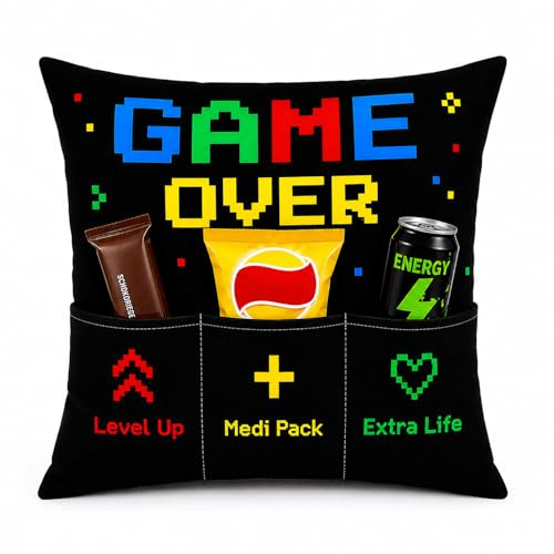 KAMACA Gamerkissen Dekokissen mit weicher Füllung 43 × 43 cm mit 3 befüllbaren Taschen für Snacks – Lustige Geschenkidee zu Ostern für Gamer, Zocker, Kollegen (Game Over A)