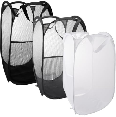 ASelected Faltbarer Wäschekorb Pop-Up 36 x 36 x 58 CM aus Mesh - Tragbar für Badezimmer, Wohnheim, Reisen (Weiß + Schwarz + Dunkelgrau)
