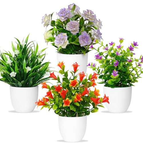 Betylifoy Künstliche Pflanzen mit Topf Kleine Topfpflanze 4 Stück | Kunstpflanze mit Blume Grünpflanzen Dekor Plastik Pflanzen Indoor Dekor für Büro Haus Balkon Wohnzimmer Badezimmer