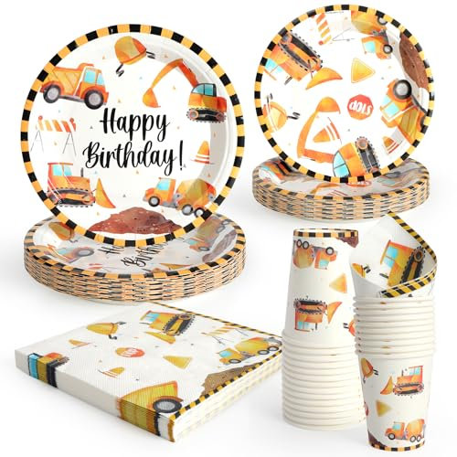 PARTY GO 96 Pcs Construction Happy Birthday Tableware Set, Paper Plates Cups and Napkins, Disposable Dinnerware Party Supplies for Birthday Party Baby Shower Engagement Decorations Serve 24 Guests